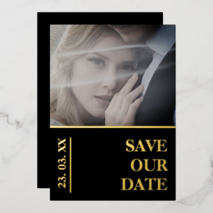 Elegant Black Gold Photo Wedding Save the Date Foil Holiday Card