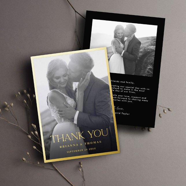 Elegant Black Gold Photo Wedding Thank You Card (Creator Uploaded)