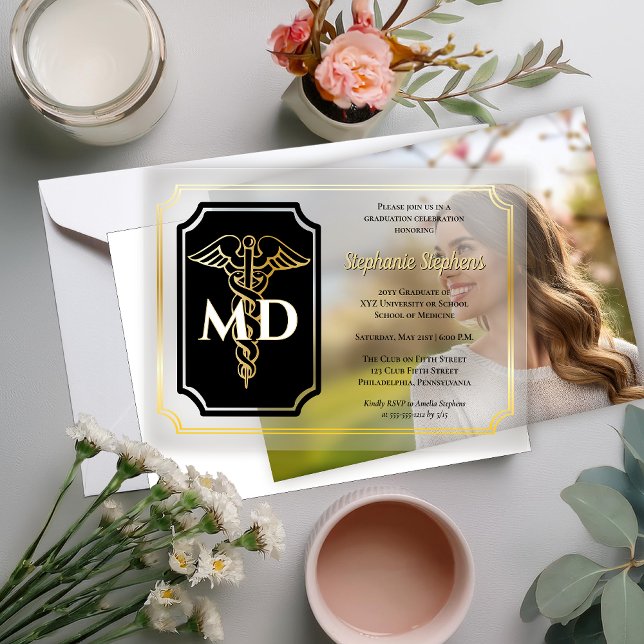 Elegant Black | Gold Physician MD Graduation Party Vellum Invitations (Elegant Black and Gold Tone Doctor | Physician "MD" Graduation Announcement and Party Invitation )
