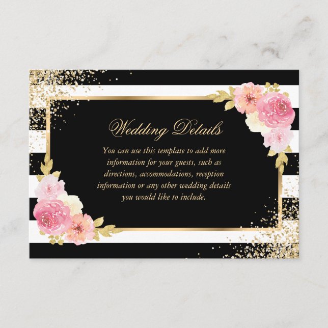 Elegant Black Gold Pink Floral Wedding Details Enclosure Card (Front)
