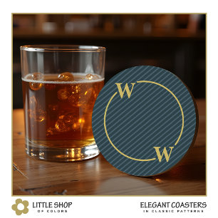 Elegant Black Gold Pinstripe Monogram Round Paper Coaster