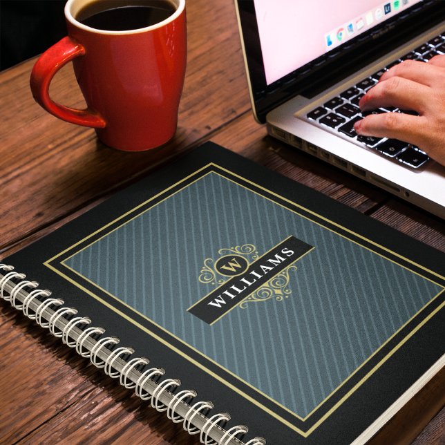 Elegant Black Gold Pinstripe Monogrammed Notebook (Creator Uploaded)