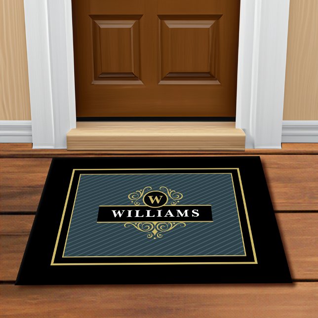 Elegant Black Gold Pinstripe Pattern Monogram Doormat (Creator Uploaded)