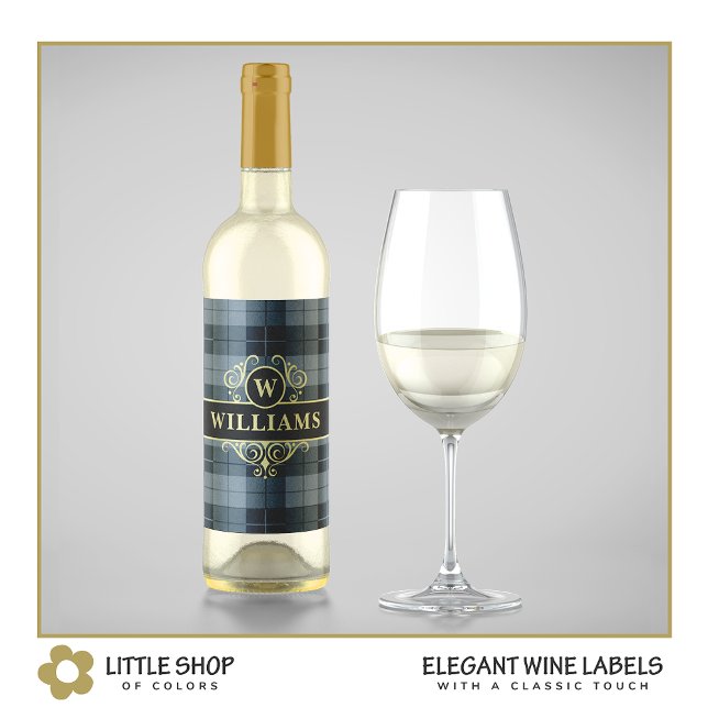 Elegant Black Gold Plaid Monogrammed Wine Label (Creator Uploaded)