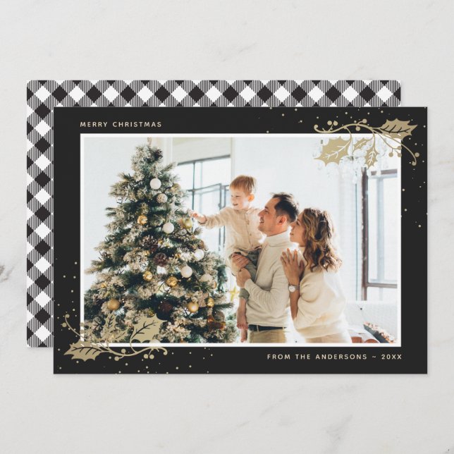 Elegant Black Gold Plaid Photo Christmas Card (Front/Back)