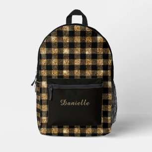 Elegant Black & Gold Plaid Tartan with Custom Name Printed Backpack