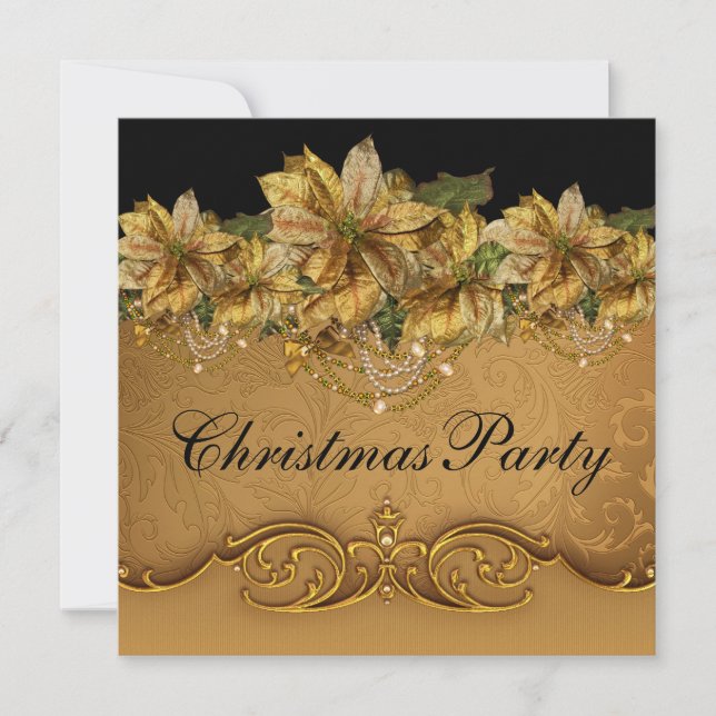 Elegant Black Gold Poinsettia Gold Christmas Party Invitation (Front)