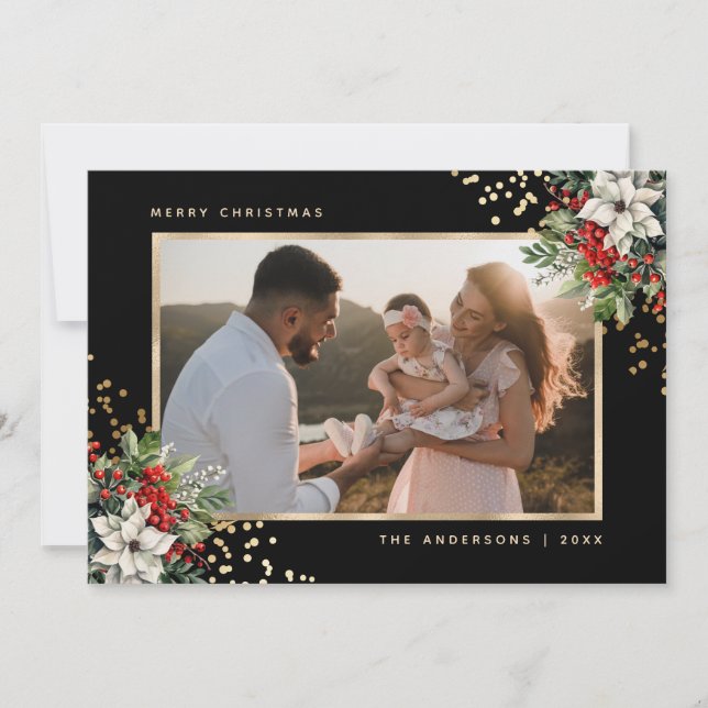Elegant Black Gold Poinsettia Holly Berries Photo Holiday Card (Front)