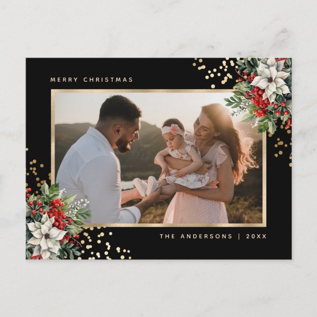 Elegant Black Gold Poinsettia Holly Berries Photo Holiday Postcard (Front)