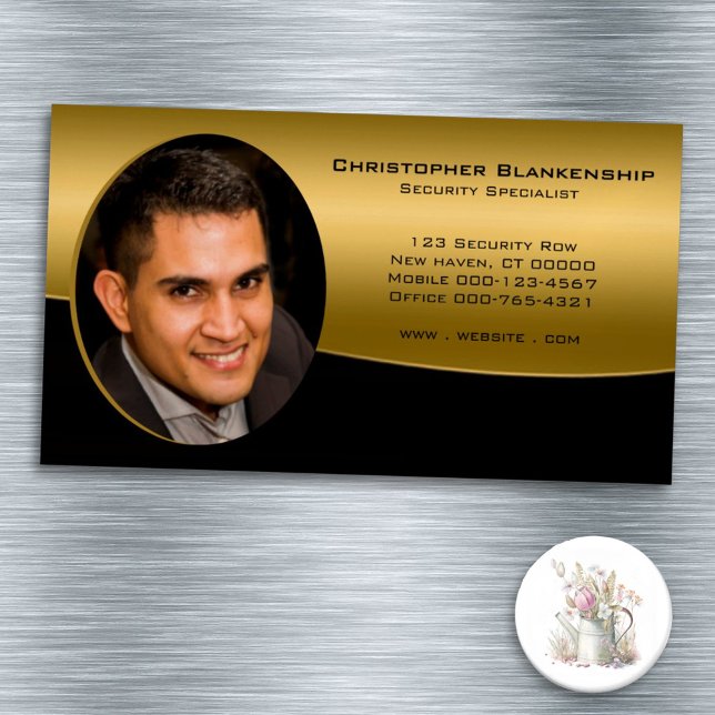 Elegant Black Gold Professional Custom Photo  Magnetic Business Card (Share your business details on this black & gold professional photo on a magnetic business card.)