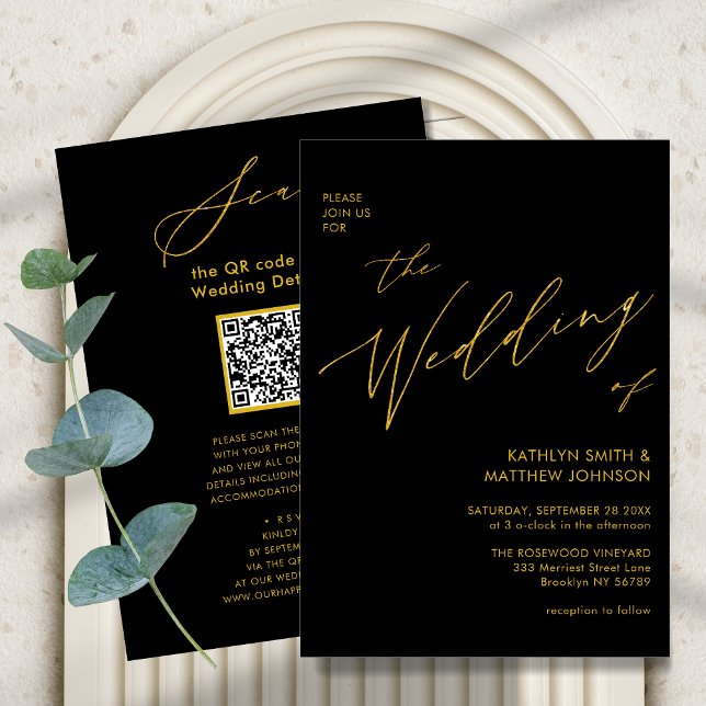 Elegant Black Gold QR Code All In One Chic Wedding Invitation (Creator Uploaded)