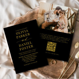 Elegant Black Gold QR Code Classic Photo Wedding Invitation