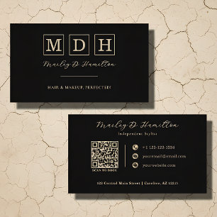 Elegant Black Gold QR Code Hair Stylist Business Card