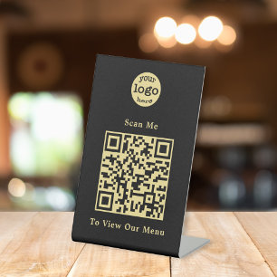 Elegant Black Gold QR Code Restaurant Menu Logo Pedestal Sign