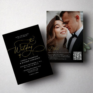 Elegant Black Gold QR Code Rsvp All in one Wedding Invitation