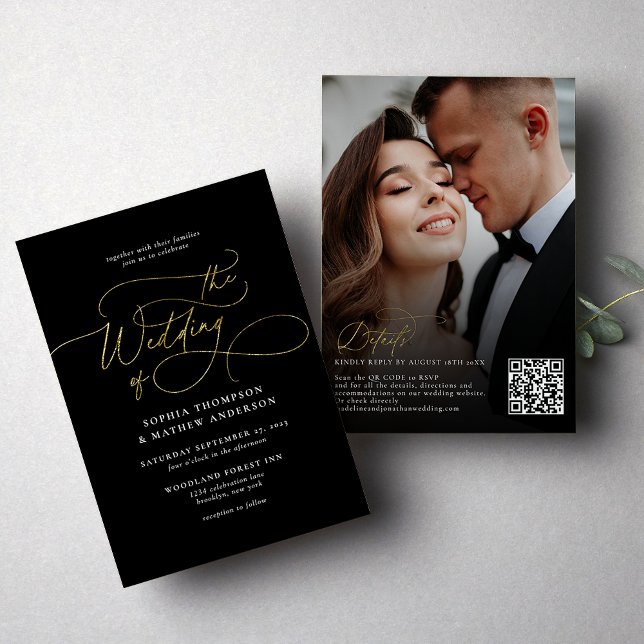 Elegant Black Gold QR Code Rsvp All in one Wedding Invitation (Creator Uploaded)