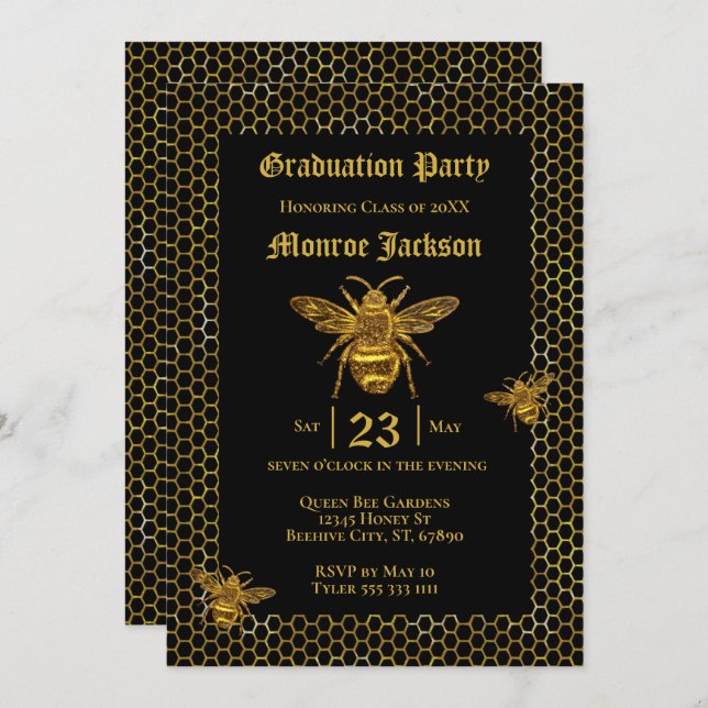 Elegant Black Gold Queen Bee Beehive Graduation Invitation (Front/Back)