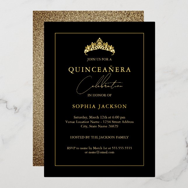 Elegant Black Gold Quinceanera 15th  (Front/Back)