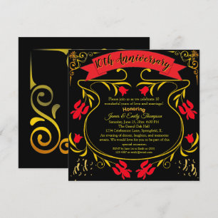 Elegant Black Gold & Red 10th Wedding Anniversary  Invitation