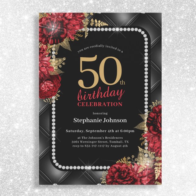 Elegant Black Gold Red Floral 50th Birthday Party Invitation (Mockup View)