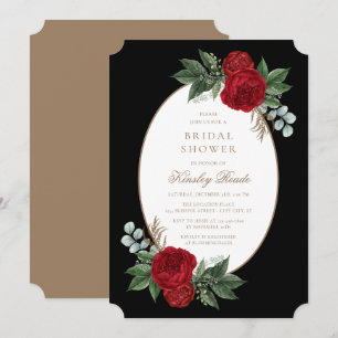 Elegant Black & Gold Red Floral Bridal Shower Invitation