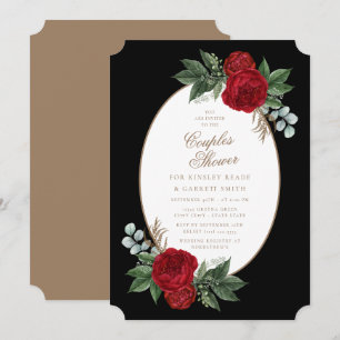 Elegant Black & Gold Red Floral Couple's Shower Invitation