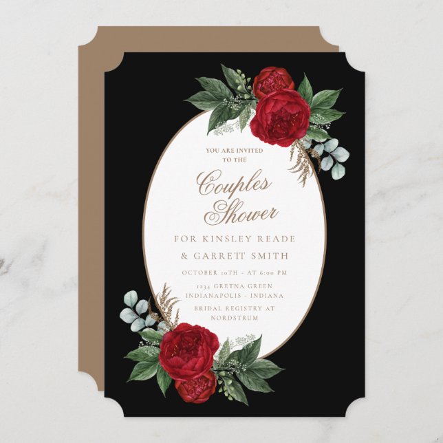 Elegant Black & Gold Red Floral Couple's Shower Invitation (Front/Back)