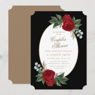 Elegant Black & Gold Red Floral Couple's Shower Invitation