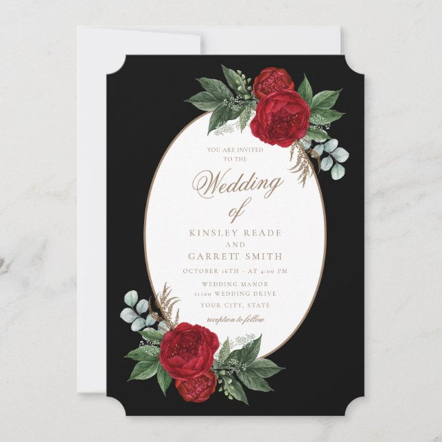Elegant Black & Gold Red Floral Wedding Invitation (Front)