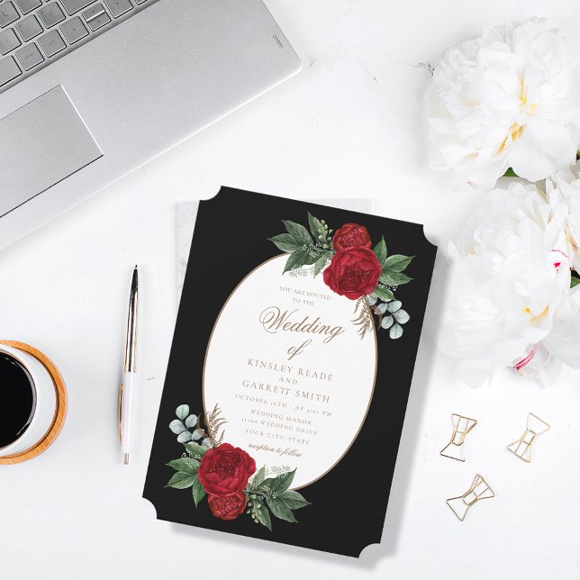 Elegant Black & Gold Red Floral Wedding Invitation (Creator Uploaded)