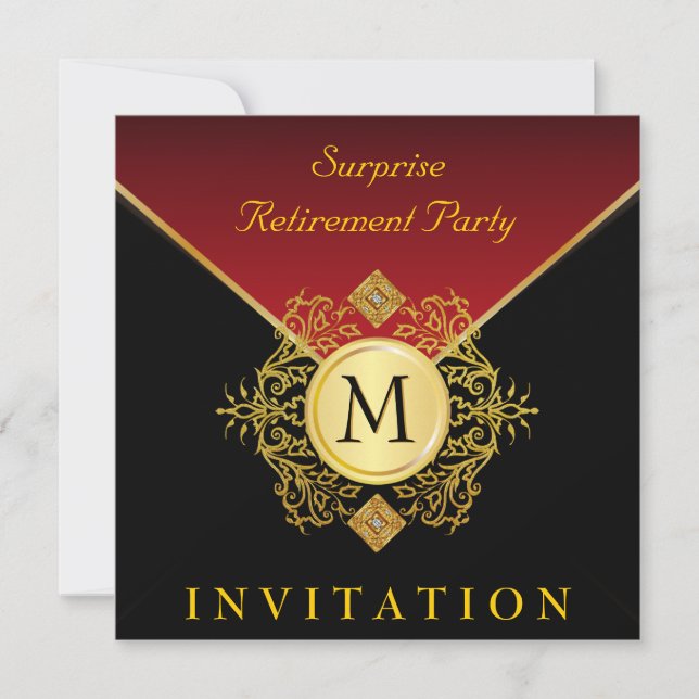 Elegant Black Gold Red Monogram Special Occasion Invitation (Front)