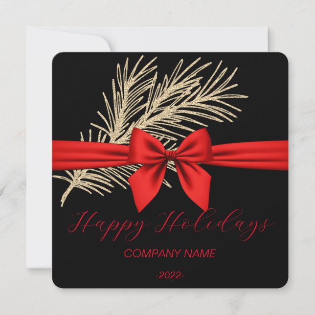 Elegant Black-Gold, Red Ribbon Holiday Card (Front)