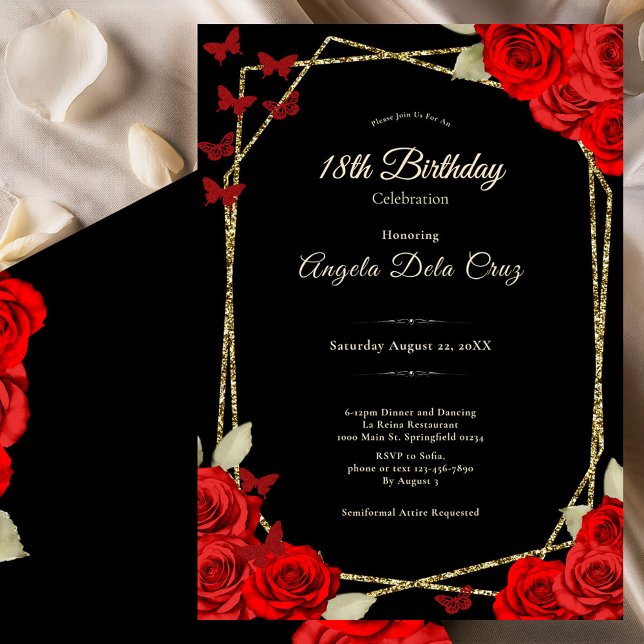 Elegant Black Gold Red Roses 18th Birthday Debut Invitation (Creator Uploaded)