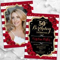Elegant Black Gold Red Roses Photo 50th Birthday