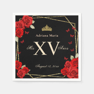 Elegant Black Gold Red Roses Quinceanera Napkin