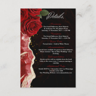 Elegant Black & Gold Red Roses Wedding Details Car Enclosure Card