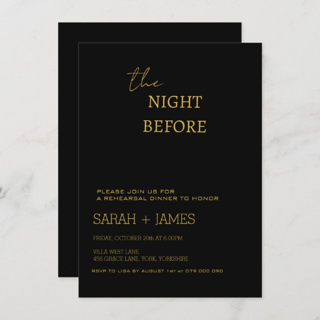 Elegant Black & Gold Rehearsal Dinner Wedding   Invitation (Front/Back)