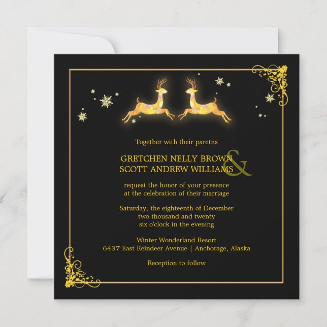 Elegant Black Gold Reindeer Winter Wedding Invitation (Front)