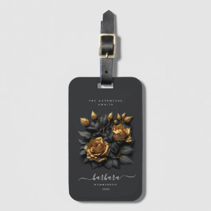 Elegant Black Gold Rose Gothic Wedding Travel Luggage Tag