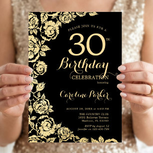 Elegant Black Gold Roses 30th Birthday Party Invitation