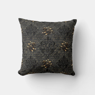 Elegant black gold roses damask gothic cushion
