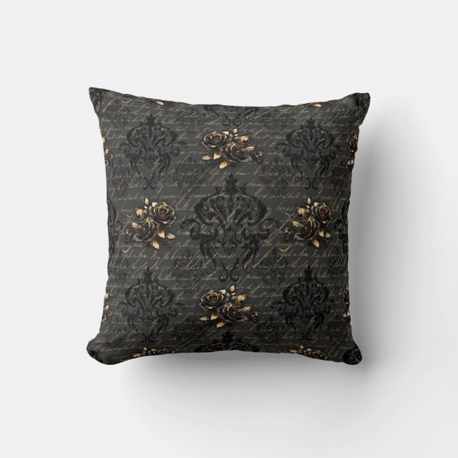 Elegant black gold roses damask gothic cushion (Front)