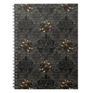 Elegant black gold roses damask gothic notebook