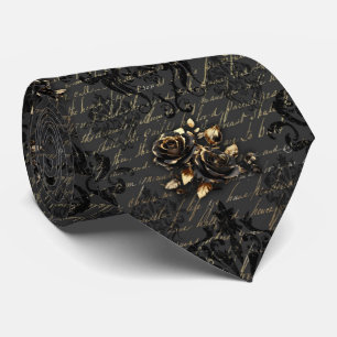 Elegant black gold roses damask gothic tie