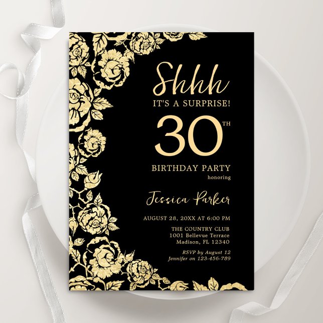 Elegant Black Gold Roses Surprise 30th Birthday Invitation (Creator Uploaded)