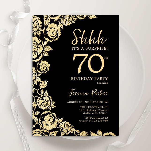 Elegant Black Gold Roses Surprise 70th Birthday Invitation (Creator Uploaded)