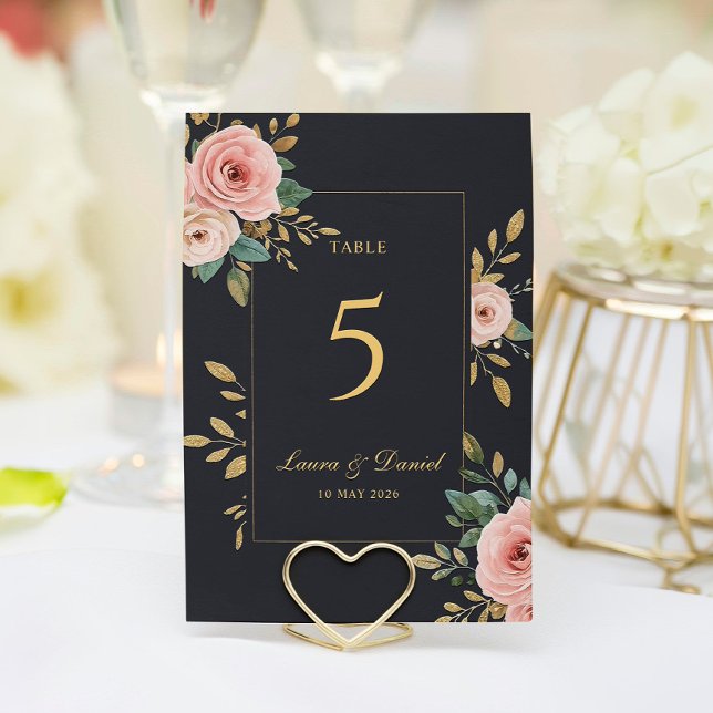 Elegant Black & Gold Roses Wedding Table Number (Creator Uploaded)