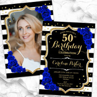 Elegant Black Gold Royal Blue Photo 50th Birthday