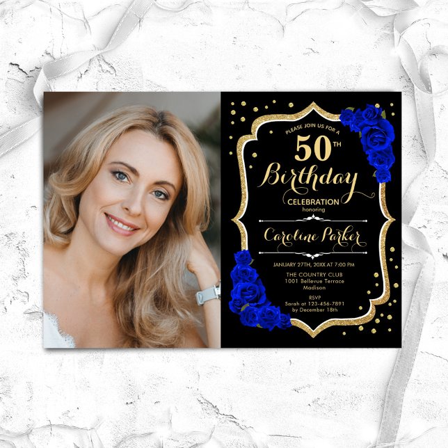Elegant Black Gold Royal Blue Photo 50th Birthday Invitation (Creator Uploaded)