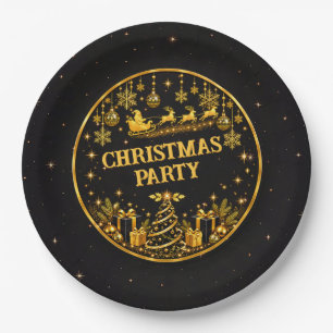 Elegant Black Gold Santa Christmas Paper Plates